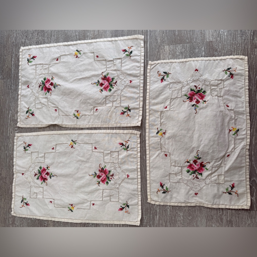 3 x vintage hand embroidered napkins / hankies, dresser squares